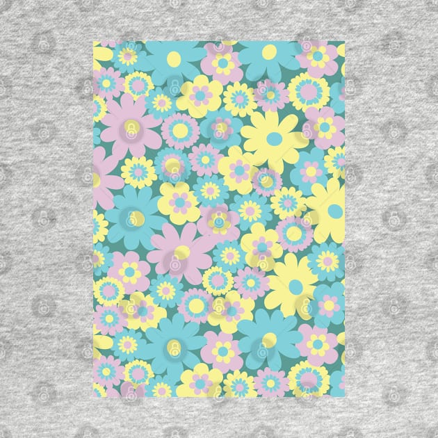 80s pastel retro flowers, pastel pink, pastel green, pastel yellow, lilac, 60s retro pattern, groovy florals by blomastudios